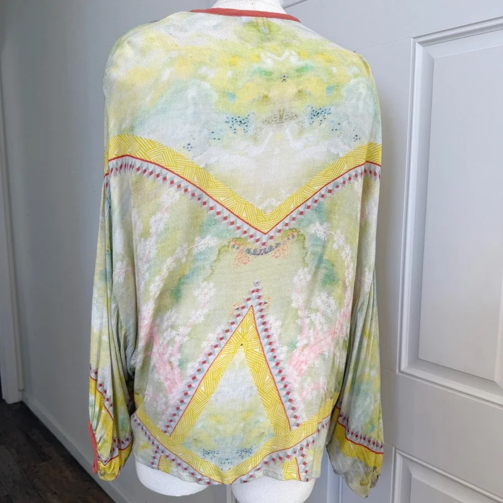 Anthropologie Kimono Cardigan OS Green Yellow Watercolor Boho Artsy whimsical - Picture 4 of 9